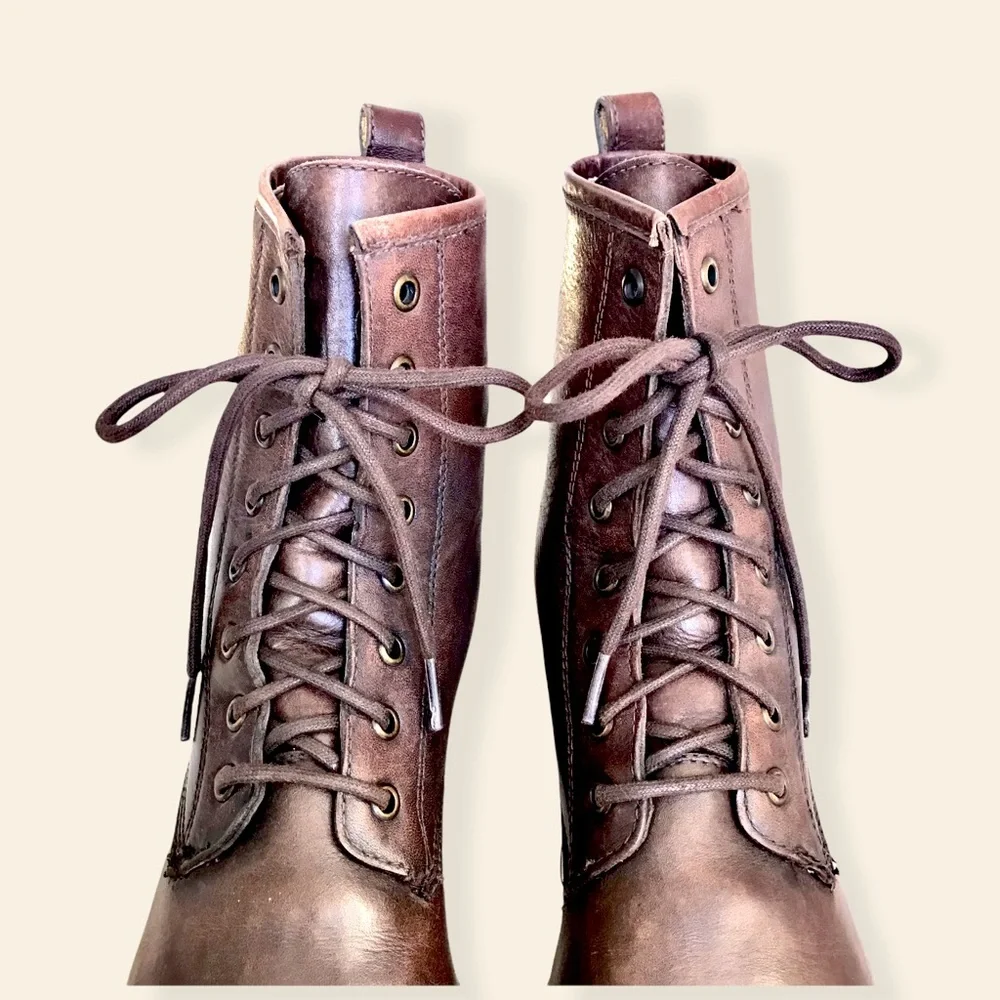 Frye Veronica Combat Brown Genuine Leather Lace Up Moto Combat Retro Ankle Boots - Picture 7 of 15